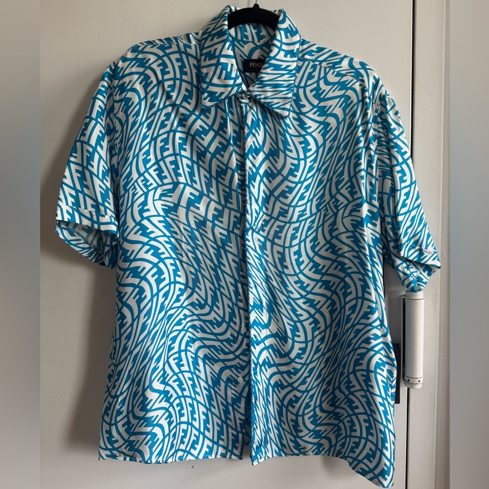 Fendi Blue Casual Button Down Shirt with Dynamic Pattern